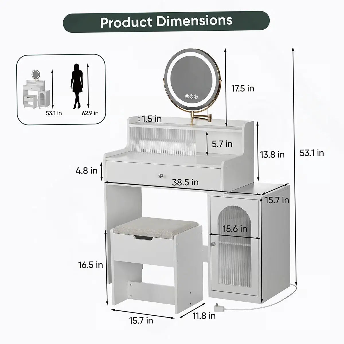 360° Mirror White Vanity Desk – Adjustable Lights, Makeup Table with Storage Chair for Girls