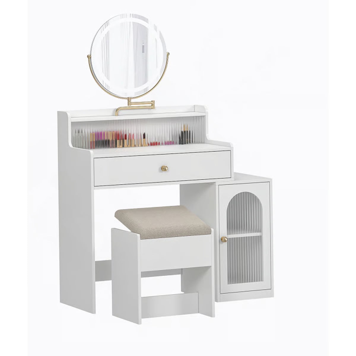 360° Mirror White Vanity Desk – Adjustable Lights, Makeup Table with Storage Chair for Girls
