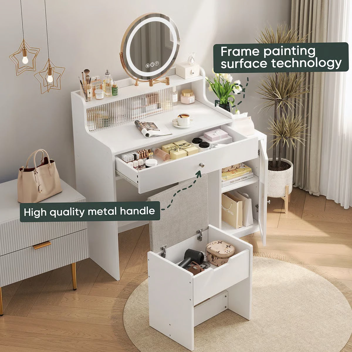 360° Mirror White Vanity Desk – Adjustable Lights, Makeup Table with Storage Chair for Girls