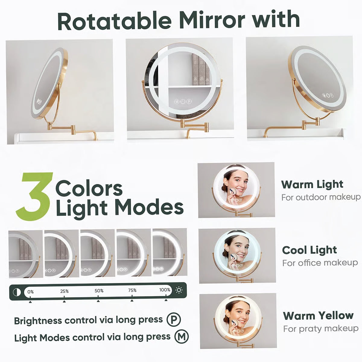 360° Mirror White Vanity Desk – Adjustable Lights, Makeup Table with Storage Chair for Girls