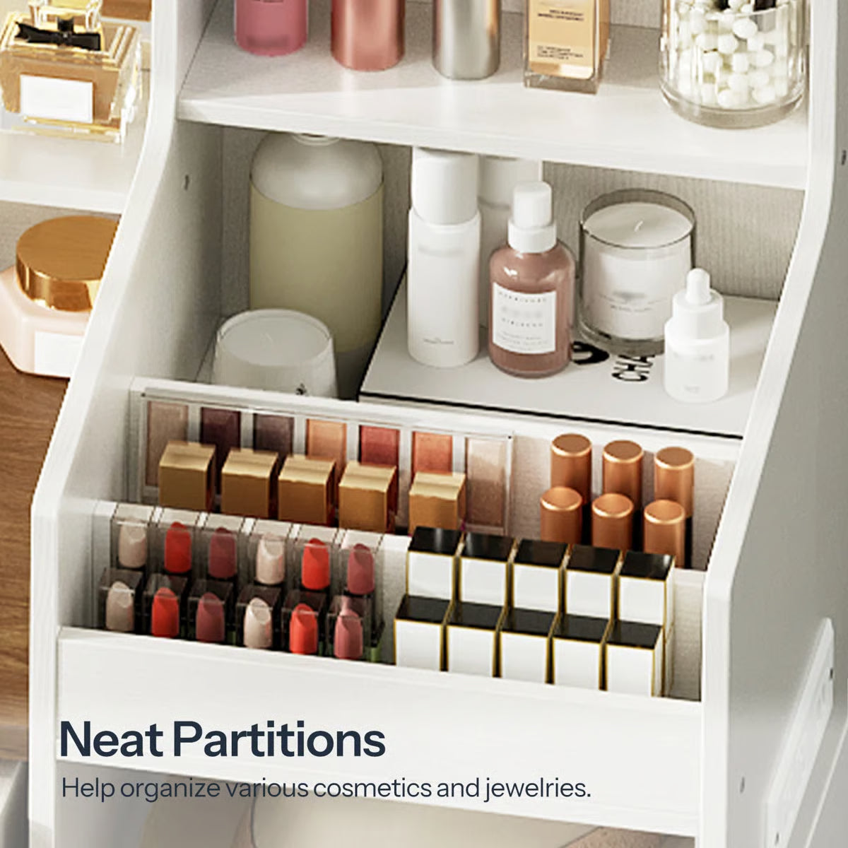 White Makeup Vanity Desk 41.5" with LED Mirror, Power Outlet, and Modern Farmhouse Design