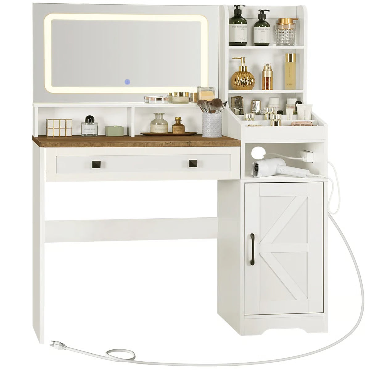 White Makeup Vanity Desk 41.5" with LED Mirror, Power Outlet, and Modern Farmhouse Design-OUCH CART |Dressing table
