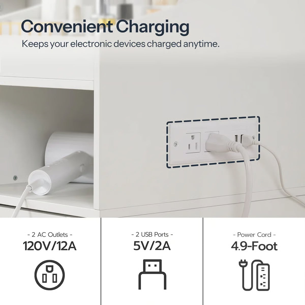 White Makeup Vanity Desk 41.5" with LED Mirror, Power Outlet, and Modern Farmhouse Design