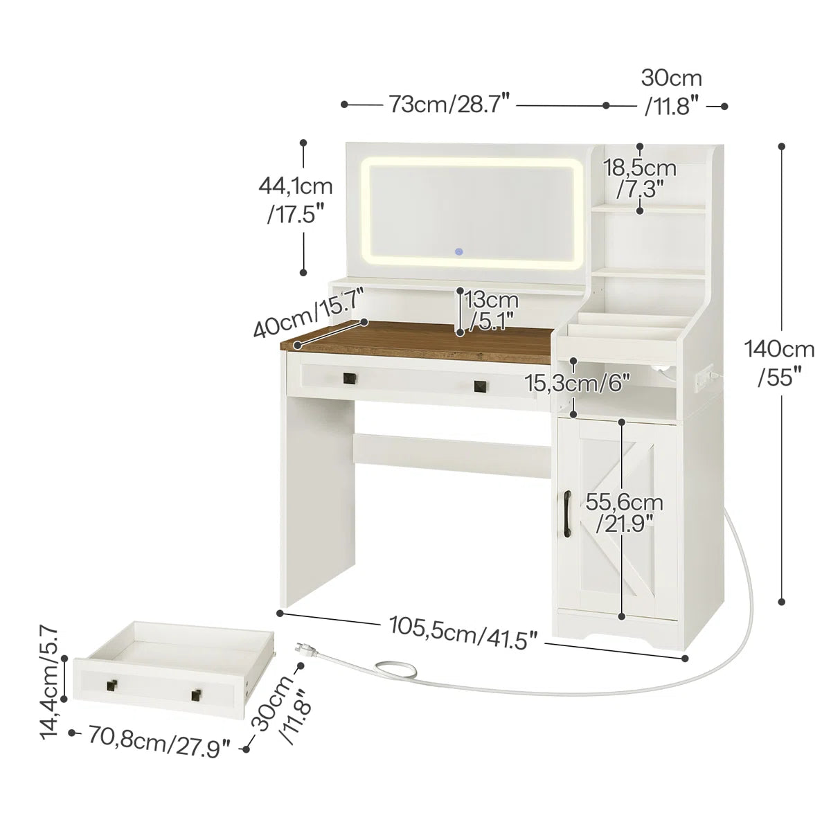 Modern Makeup Vanity with Spacious Storage & Built-In Power Strip – White/Walnut OUCH CART