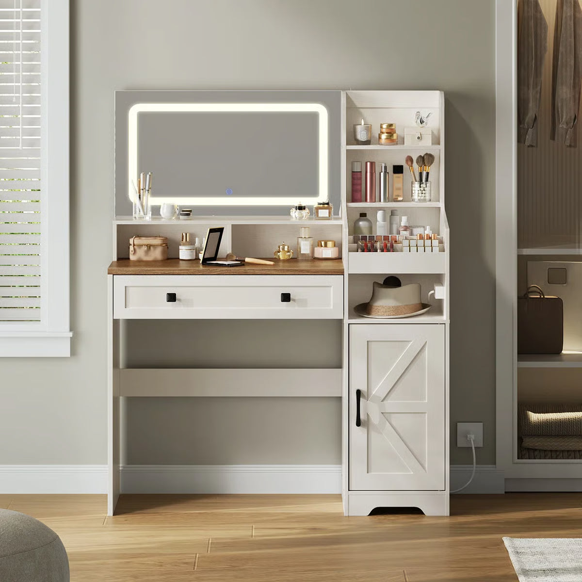 White Makeup Vanity Desk 41.5" with LED Mirror, Power Outlet, and Modern Farmhouse Design-OUCH CART |Dressing table
