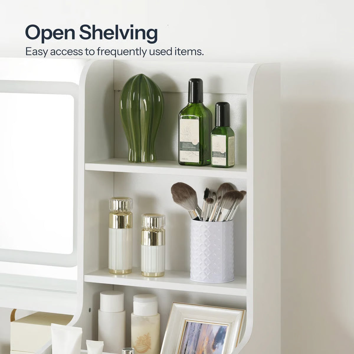 White Makeup Vanity Desk 41.5" with LED Mirror, Power Outlet, and Modern Farmhouse Design