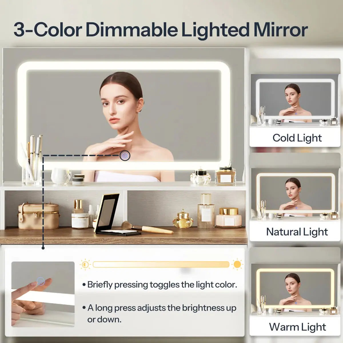 White Makeup Vanity Desk 41.5" with LED Mirror, Power Outlet, and Modern Farmhouse Design