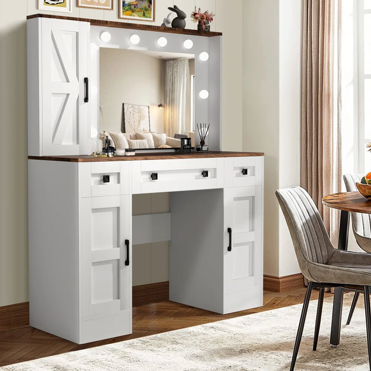 Winston Porter White Rustic Vanity Table – Farmhouse Makeup Desk with LED Mirror, 3 Drawers & 3 Cabinets-OUCH CART |Dressing table