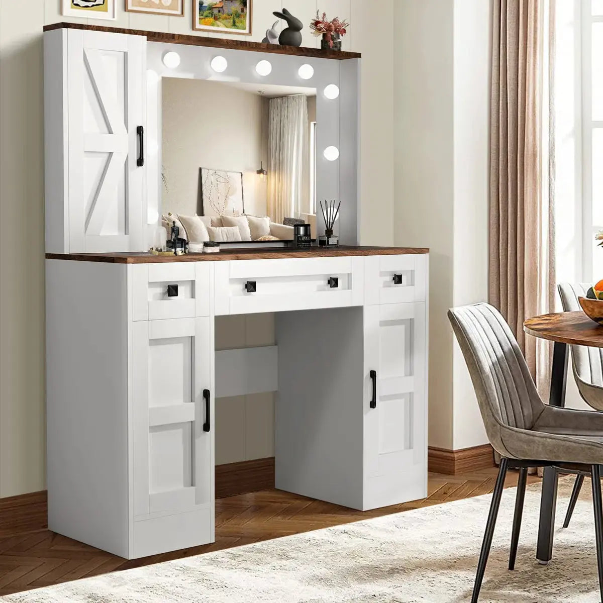 Winston Porter White Rustic Vanity Table – Farmhouse Makeup Desk with LED Mirror, 3 Drawers & 3 Cabinets-OUCH CART |Dressing table