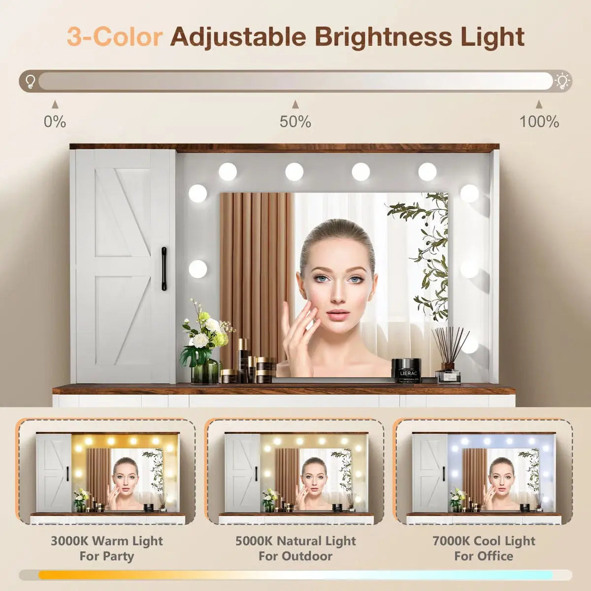 Winston Porter White Rustic Vanity Table – Farmhouse Makeup Desk with LED Mirror, 3 Drawers & 3 Cabinets