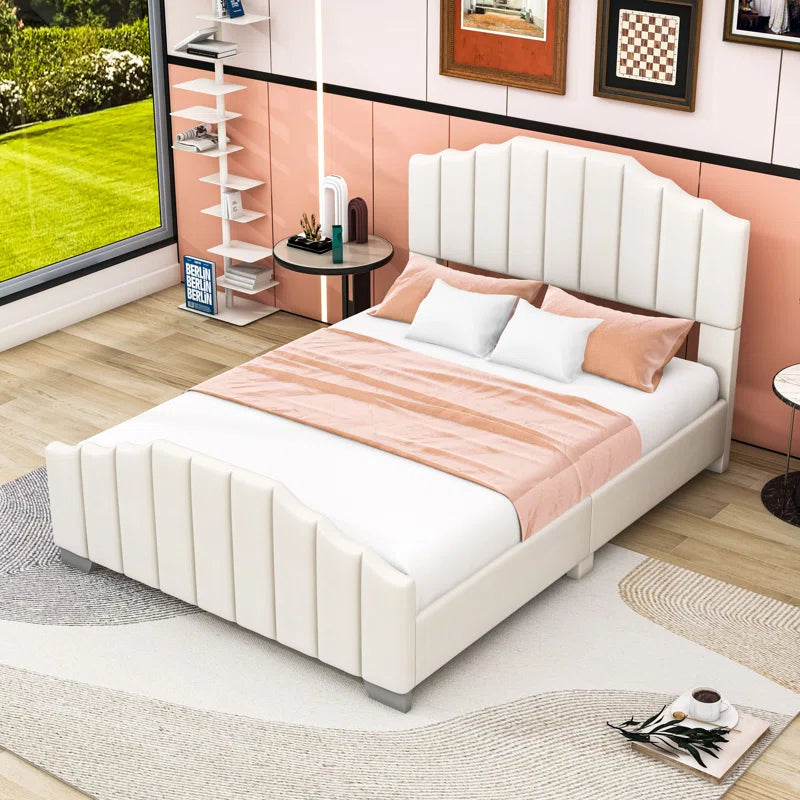 Wood Platform Bed with Upholstered Headboard and Slats