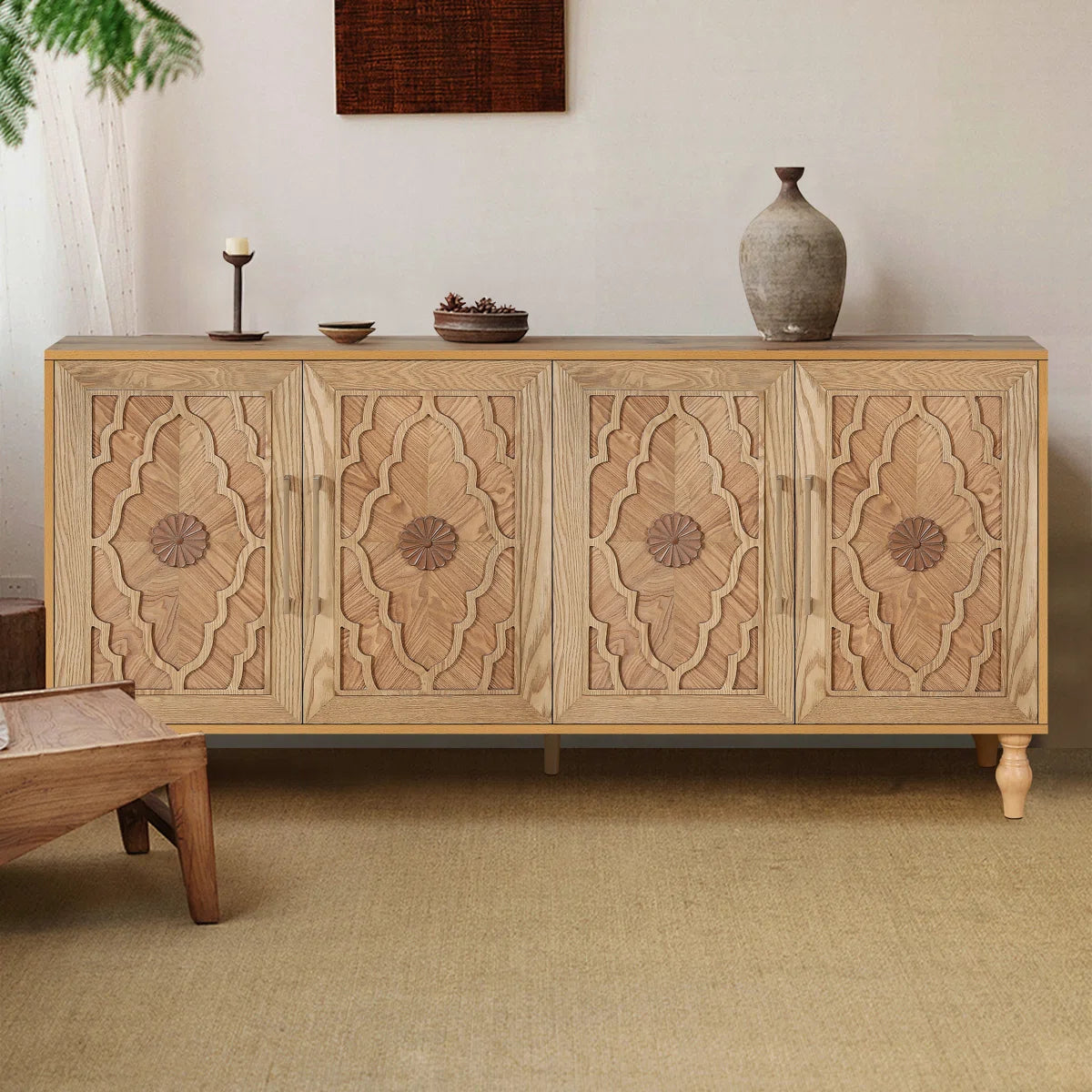 Wood Storage Cabinet with Carved Door and Metal Handle, Versatile and Stylish for Home Decor - OUCHCART | Cabinet