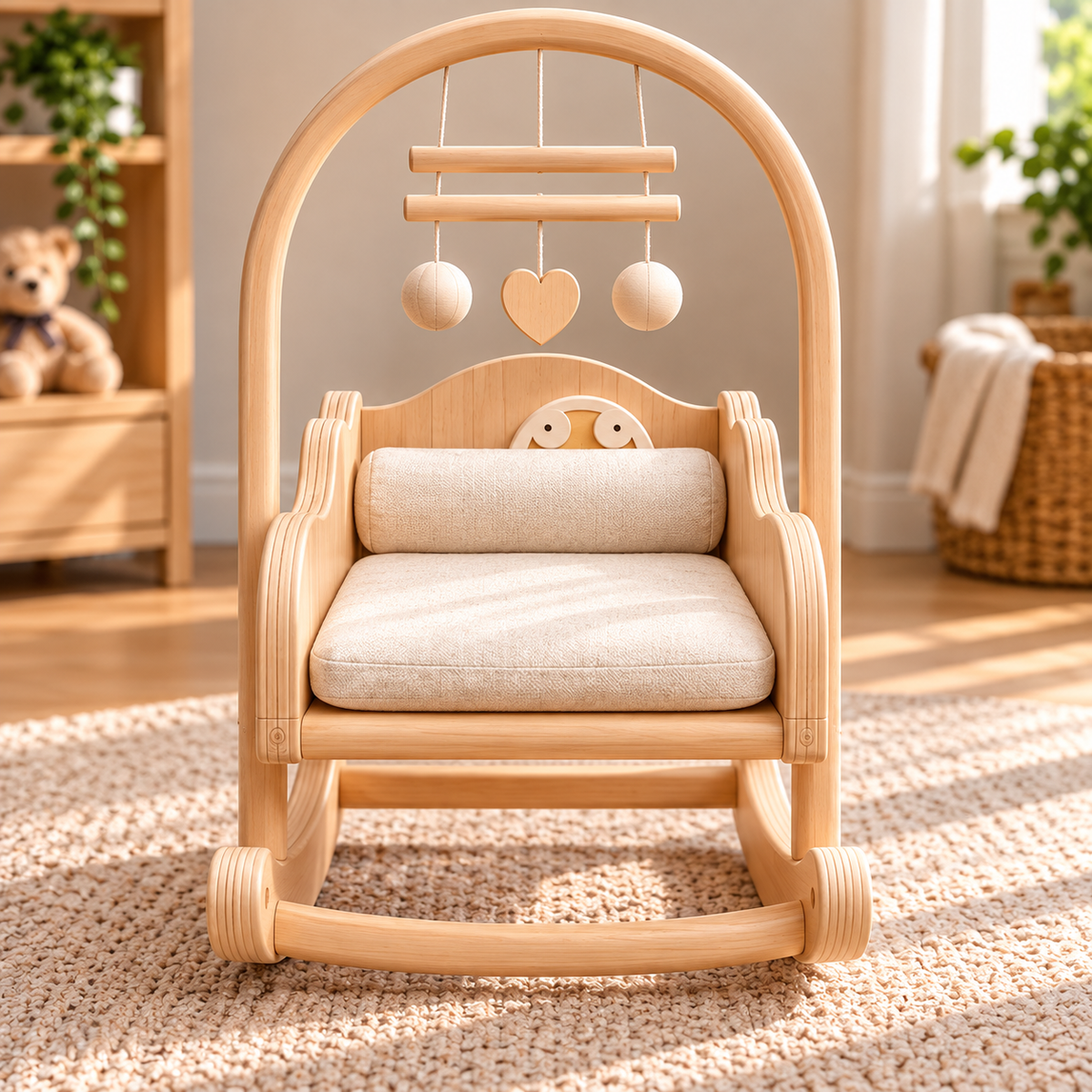 Wooden Baby Rocking Cradle with Arch Frame, Natural Wood Baby Crib with Curved Rocker Base, Soft Mattress and Hanging Musical Mobile, Modern Nursery Furniture for Baby Room OUCH CART