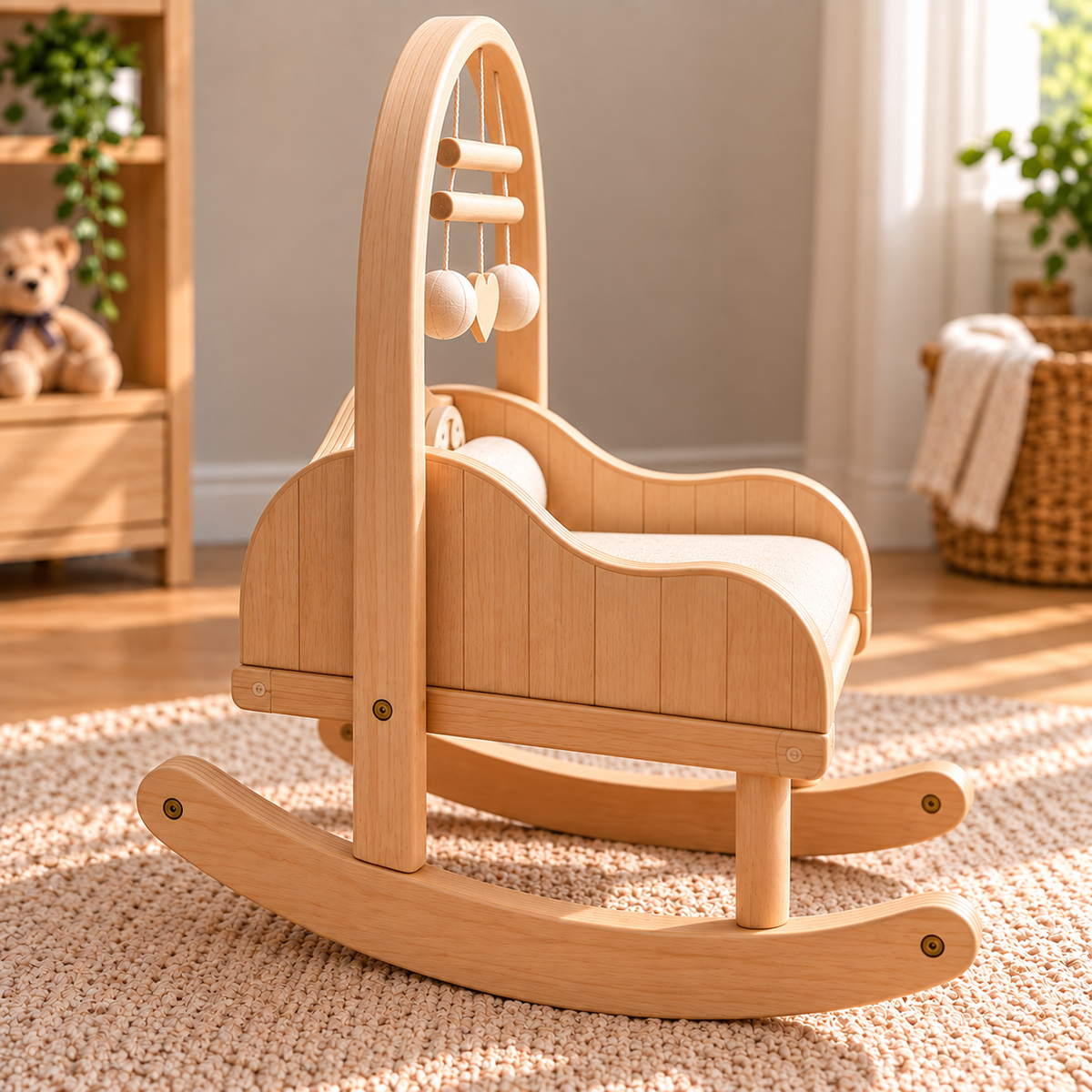 Wooden Baby Rocking Cradle with Arch Frame, Natural Wood Baby Crib with Curved Rocker Base, Soft Mattress and Hanging Musical Mobile, Modern Nursery Furniture for Baby Room