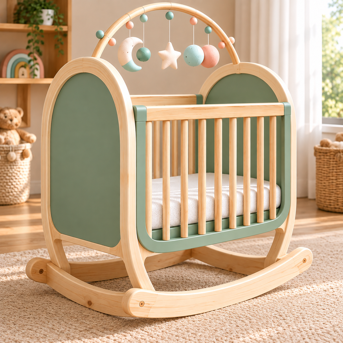 Wooden Baby Rocking Cradle with Sage Green Finish, Modern Baby Crib with Curved Rocker Base, Wooden Slats, Soft Mattress and Hanging Musical Mobile, Elegant Nursery Furniture
