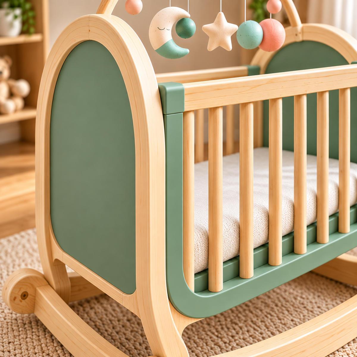Wooden Baby Rocking Cradle with Sage Green Finish, Modern Baby Crib with Curved Rocker Base, Wooden Slats, Soft Mattress and Hanging Musical Mobile, Elegant Nursery Furniture