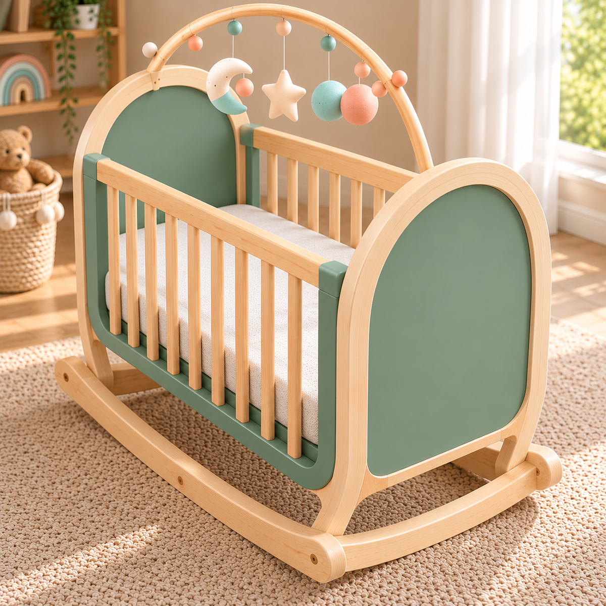 Wooden Baby Rocking Cradle with Sage Green Finish, Modern Baby Crib with Curved Rocker Base, Wooden Slats, Soft Mattress and Hanging Musical Mobile, Elegant Nursery Furniture