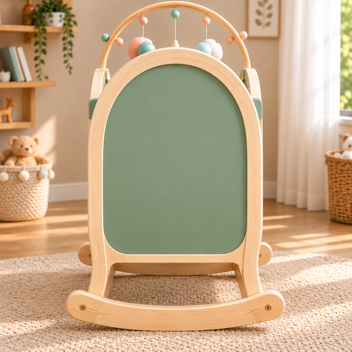 Wooden Baby Rocking Cradle with Sage Green Finish, Modern Baby Crib with Curved Rocker Base, Wooden Slats, Soft Mattress and Hanging Musical Mobile, Elegant Nursery Furniture