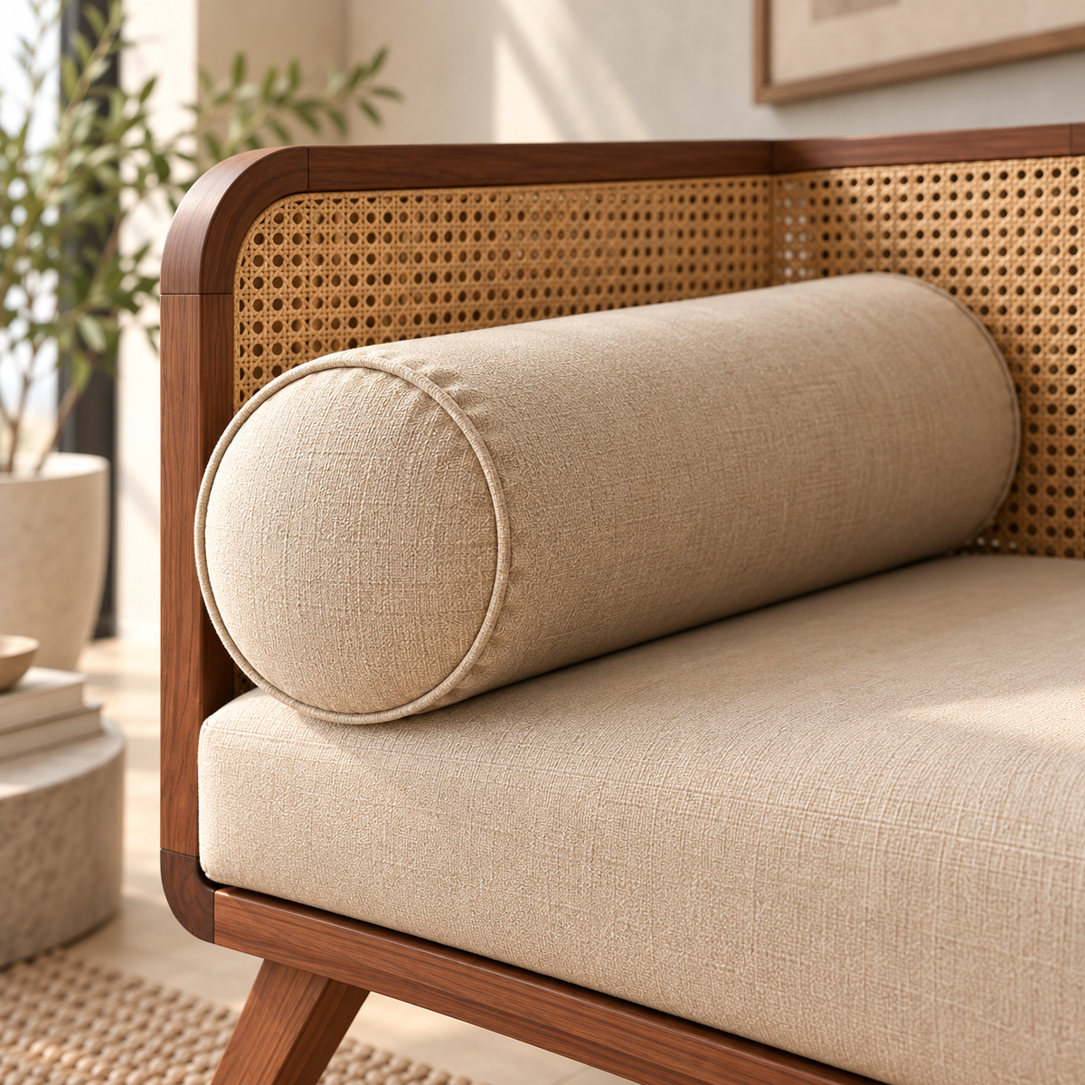 Wooden Cane Daybed Sofa with Beige Upholstery & Bolster Pillows | Mid-Century Modern 3 Seater Sofa for Living Room, Bedroom & Lounge OUCH CART