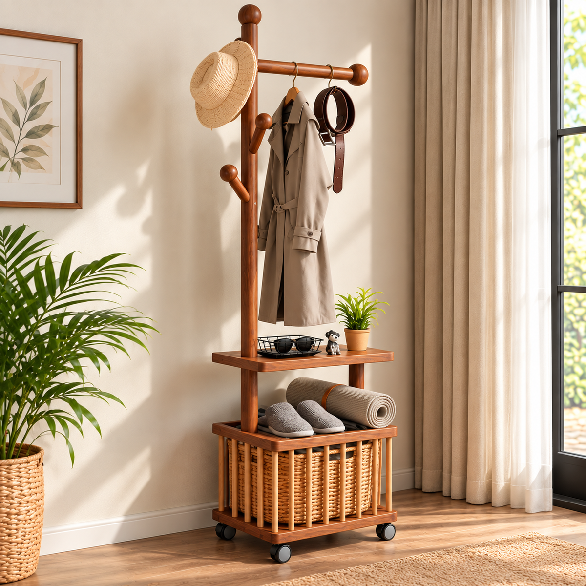Wooden Coat Rack with Wicker Storage Basket, Freestanding Hall Tree with Hanging Hooks, 2-Tier Shelves and Wheels, Multipurpose Entryway Organizer for Home, Bedroom and Living Room