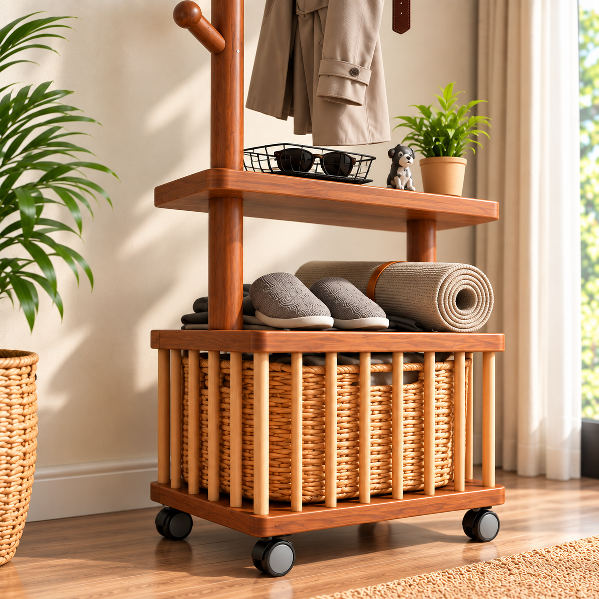 Wooden Coat Rack with Wicker Storage Basket, Freestanding Hall Tree with Hanging Hooks, 2-Tier Shelves and Wheels, Multipurpose Entryway Organizer for Home, Bedroom and Living Room