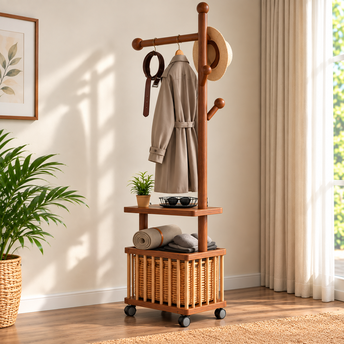 Wooden Coat Rack with Wicker Storage Basket, Freestanding Hall Tree with Hanging Hooks, 2-Tier Shelves and Wheels, Multipurpose Entryway Organizer for Home, Bedroom and Living Room