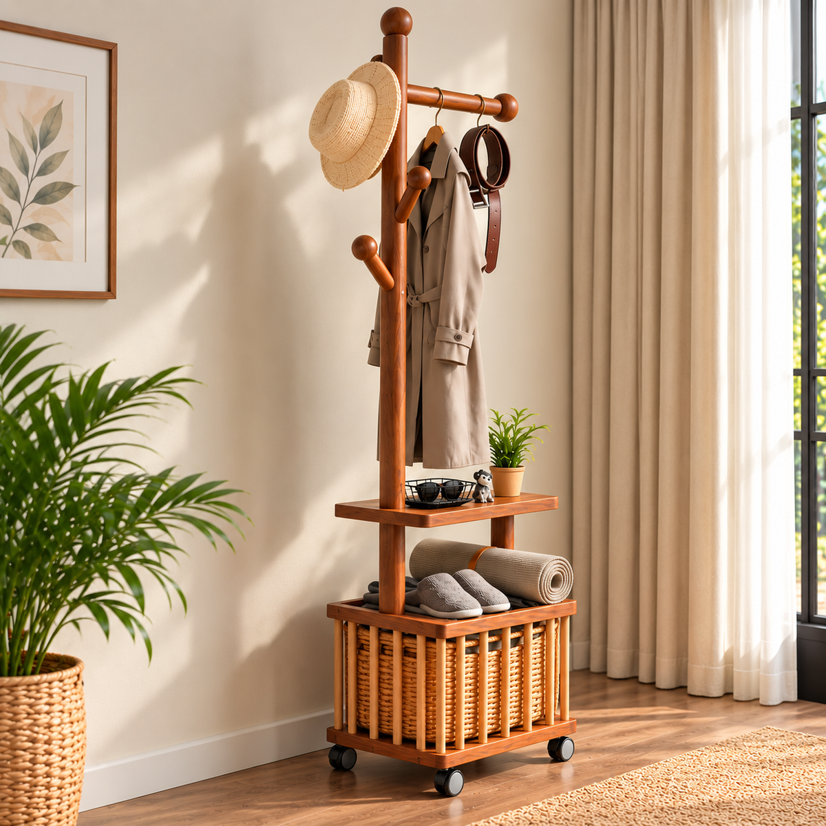 Wooden Coat Rack with Wicker Storage Basket, Freestanding Hall Tree with Hanging Hooks, 2-Tier Shelves and Wheels, Multipurpose Entryway Organizer for Home, Bedroom and Living Room