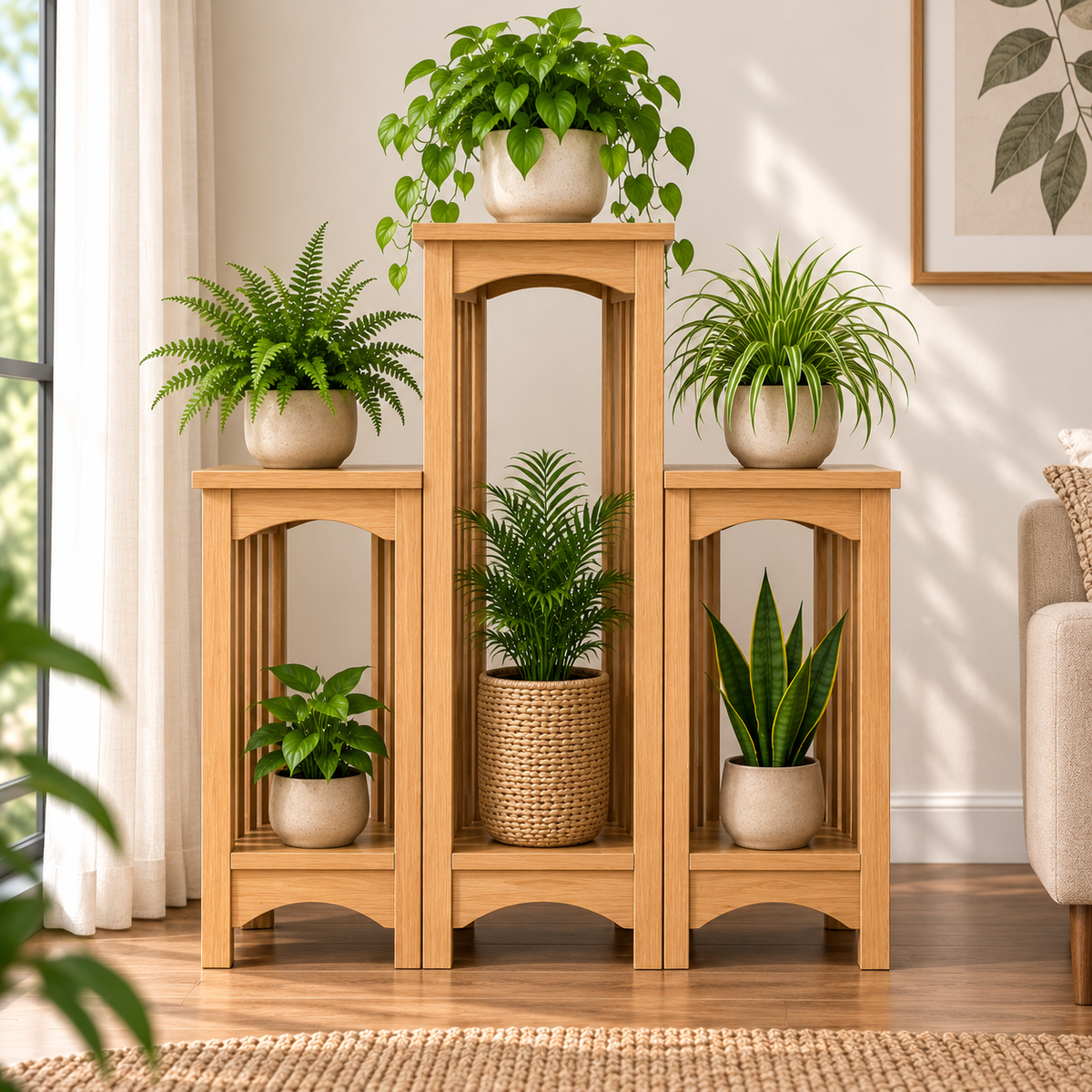 Wooden Plant Stand for Indoor Plants | 3-Tier Multi-Level Flower Pot Holder Ouch Cart