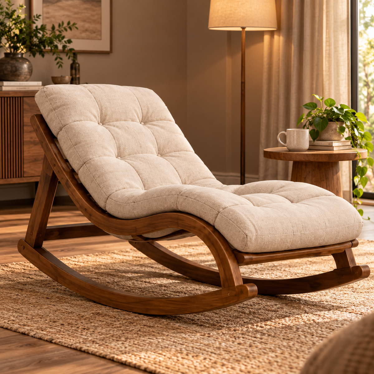 Wooden Rocking Chaise Lounge Chair with Tufted Beige Cushion, Walnut Finish Recliner for Living Room and Bedroom