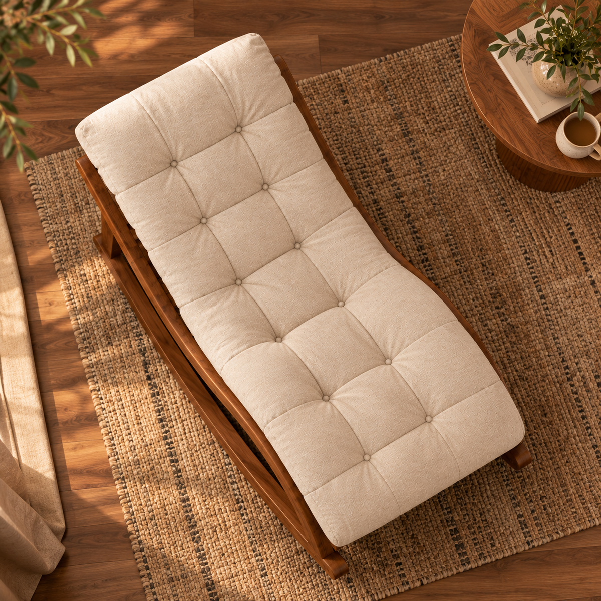 Wooden Rocking Chaise Lounge Chair with Tufted Beige Cushion, Walnut Finish Recliner for Living Room and Bedroom