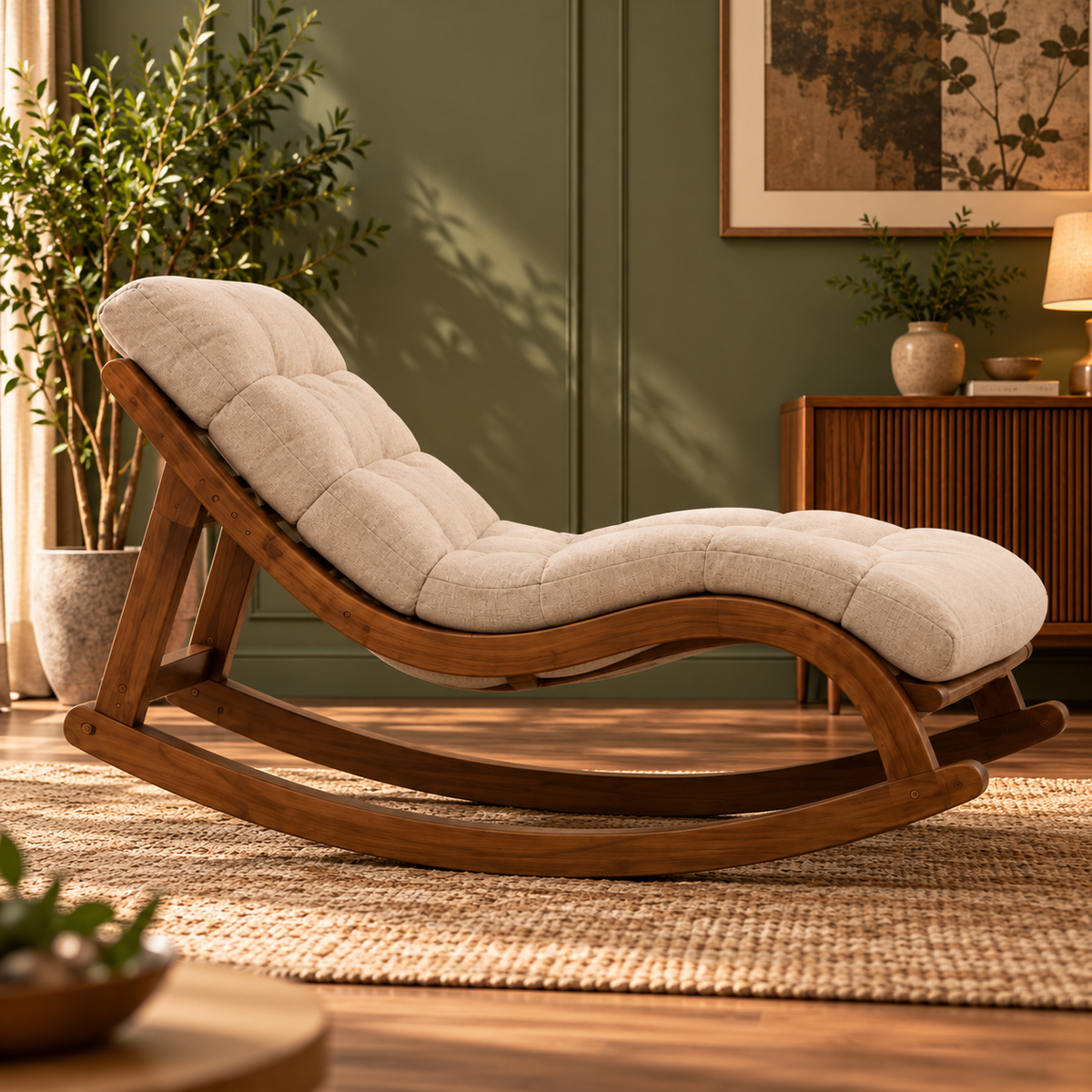 Wooden Rocking Chaise Lounge Chair with Tufted Beige Cushion, Walnut Finish Recliner for Living Room and Bedroom