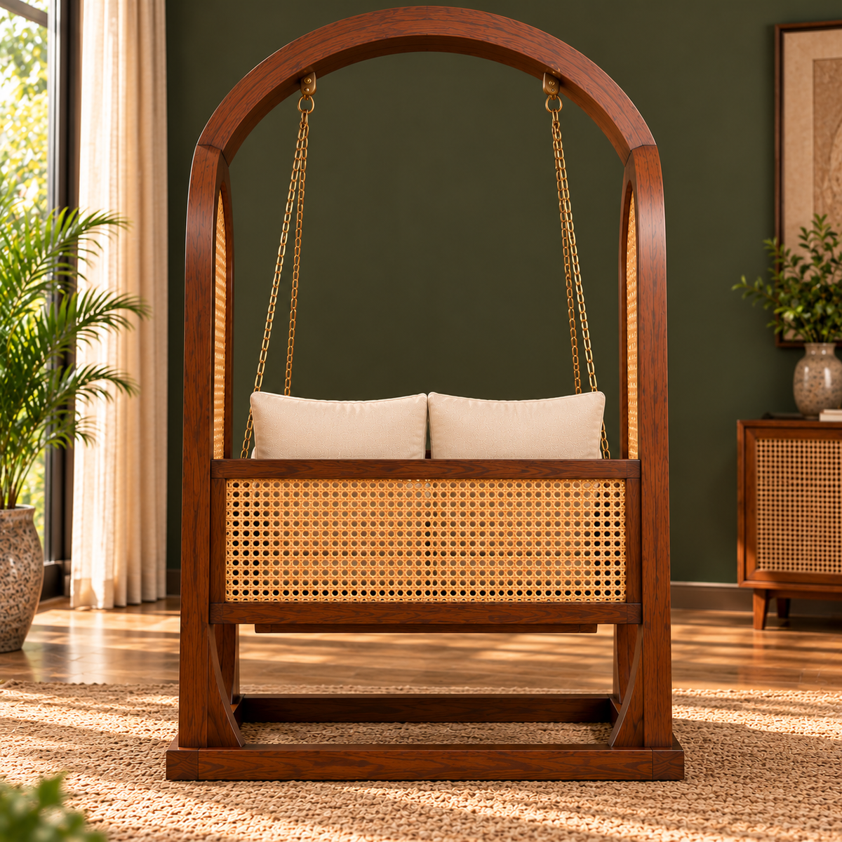 Wooden Swing Chair with Cane Panels and Cushions, Freestanding Arch Frame Swing Loveseat for Living Room, Bedroom, Balcony and Indoor Relaxation, Walnut Brown