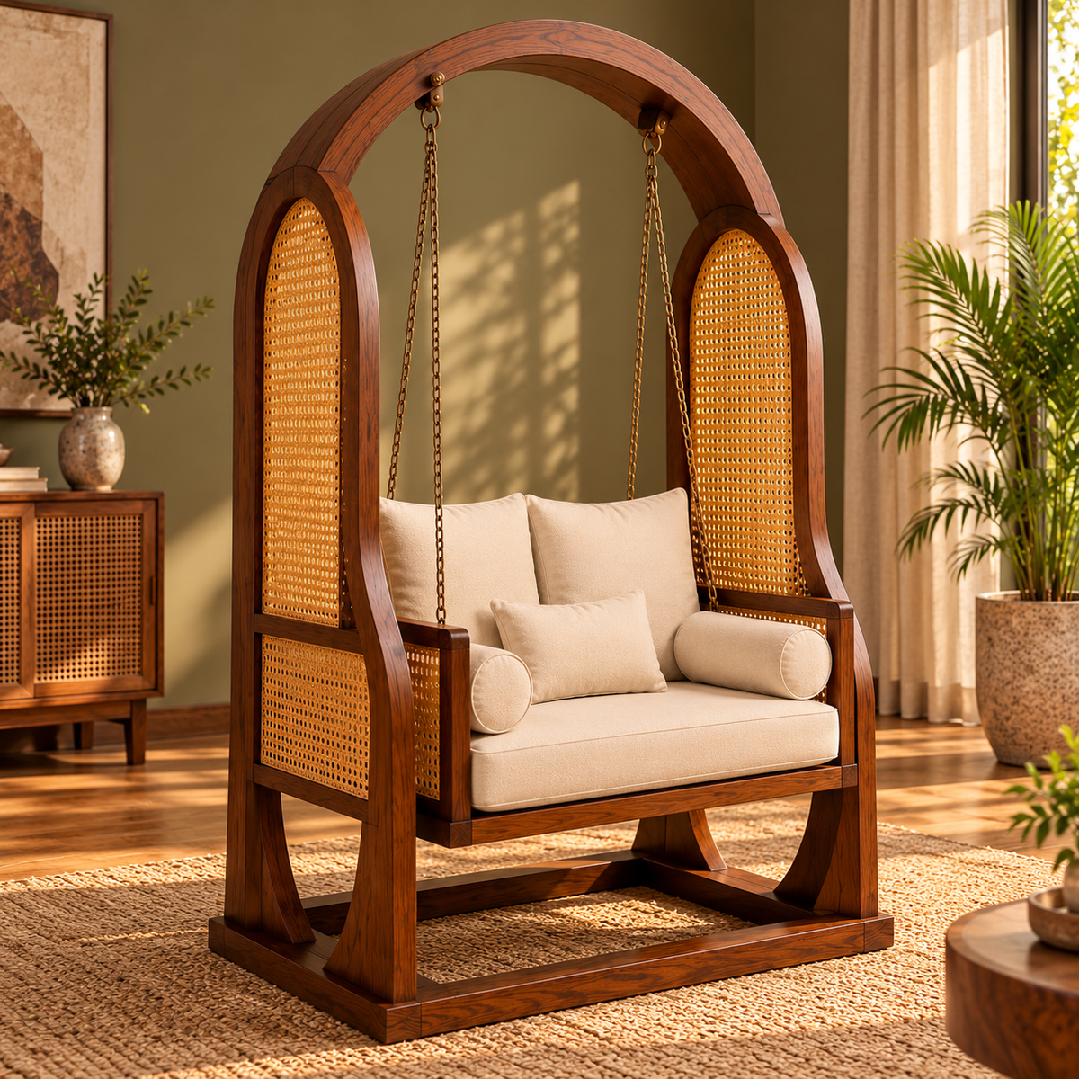 Wooden Swing Chair with Cane Panels and Cushions, Freestanding Arch Frame Swing Loveseat for Living Room, Bedroom, Balcony and Indoor Relaxation, Walnut Brown