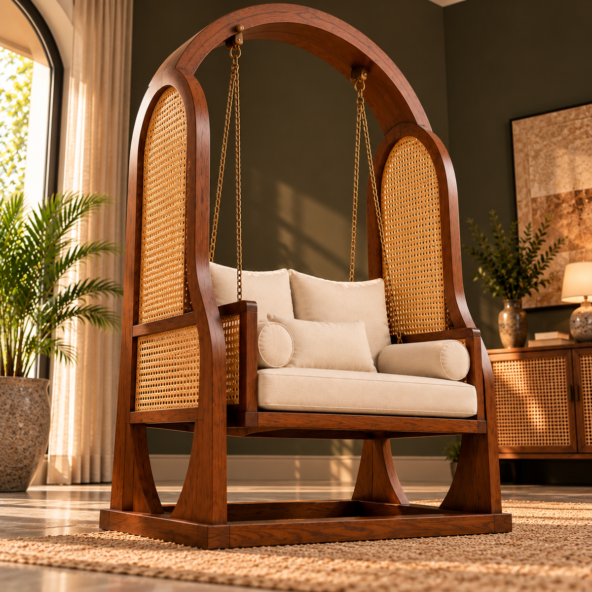 Wooden Swing Chair with Cane Panels and Cushions, Freestanding Arch Frame Swing Loveseat for Living Room, Bedroom, Balcony and Indoor Relaxation, Walnut Brown