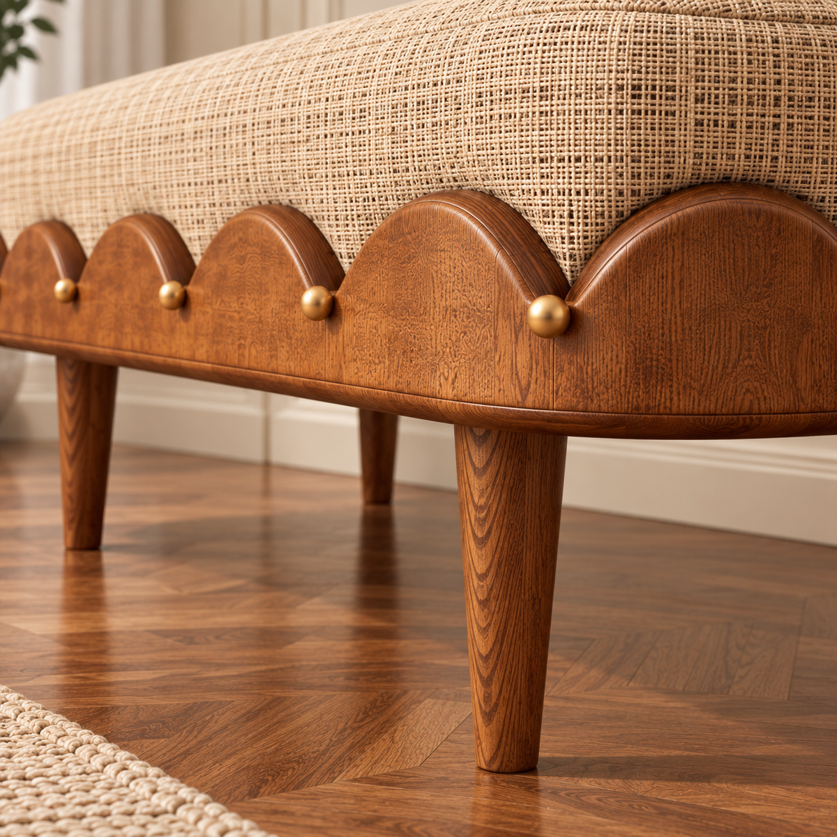 Wooden Upholstered Bench for Living Room | Solid Wood Ottoman Bench with Beige Fabric, Scalloped Design & Tapered Legs OUCH CART