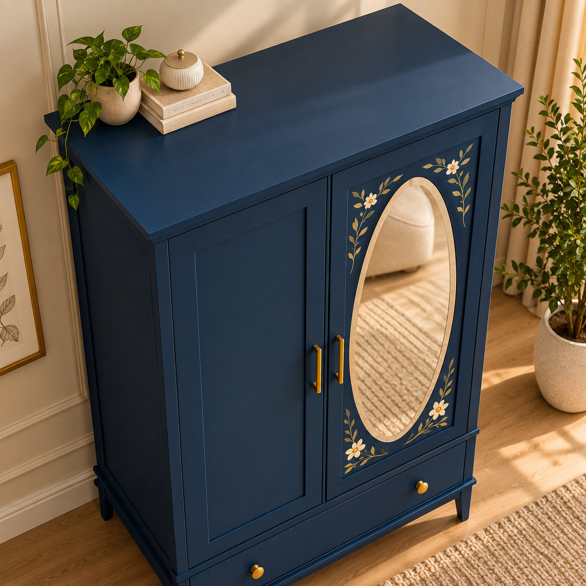 Wooden Wardrobe with Mirror Navy Blue 2 Door Almirah with Floral Design, Drawer & Brass Handles Bedroom Storage Cabinet