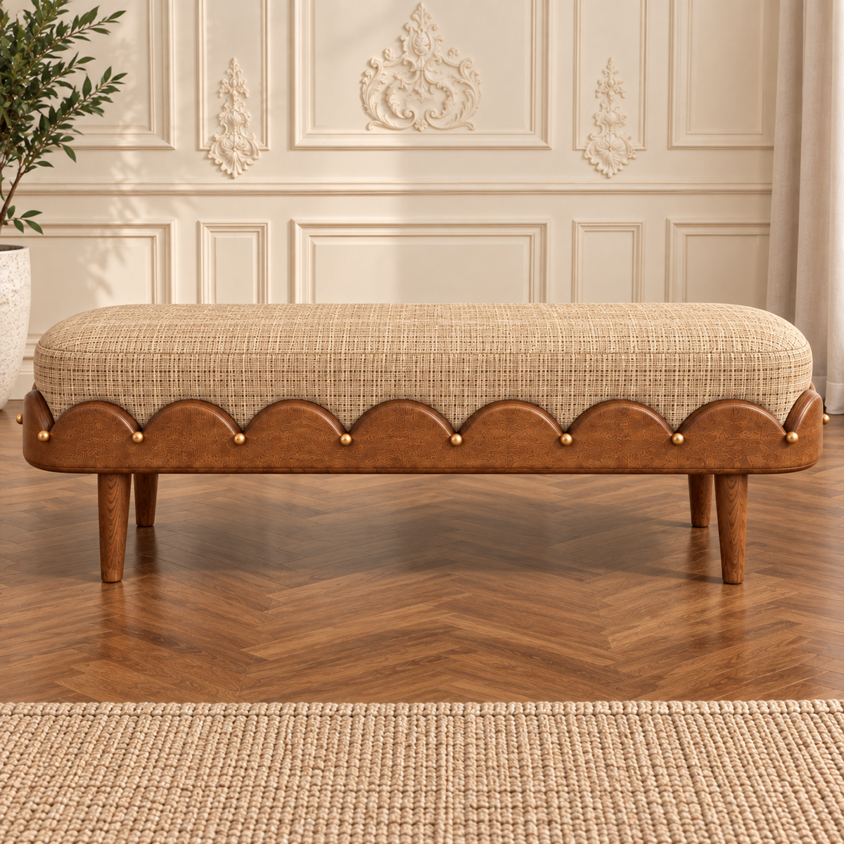 Wooden Upholstered Bench for Living Room | Solid Wood Ottoman Bench with Beige Fabric, Scalloped Design & Tapered Legs