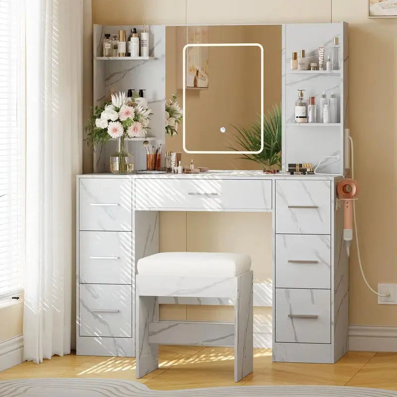 Wooden Makeup Vanity Table Set – LED Mirror, 7 Drawers, 6 Shelves, Hair Dryer Rack & Marble White Finish-OUCH CART |Dressing table