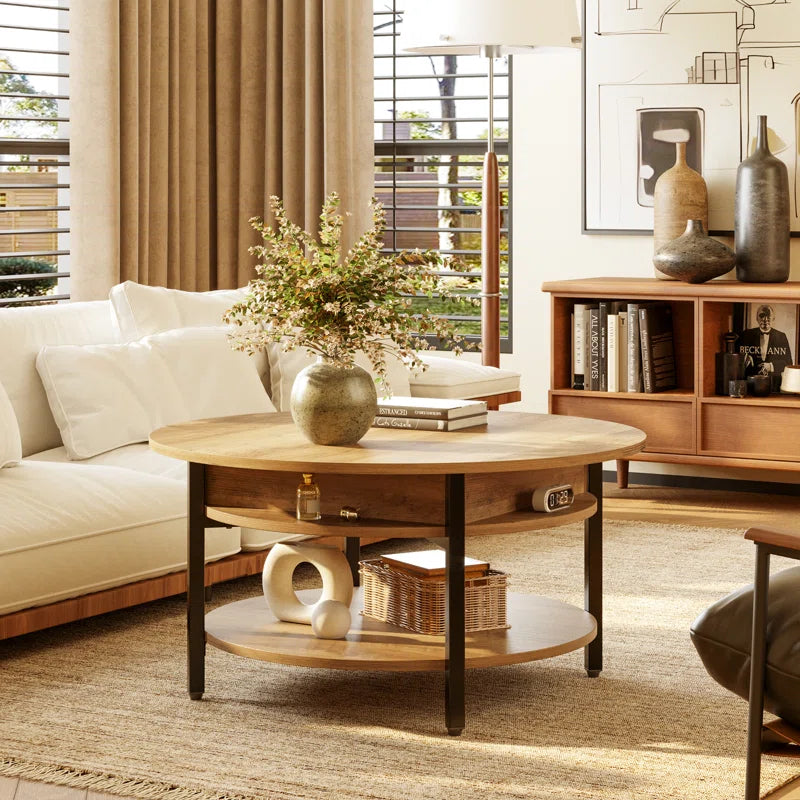 Small Round Lift-Top Coffee Table with Double-Layer Storage, OUCH CART
