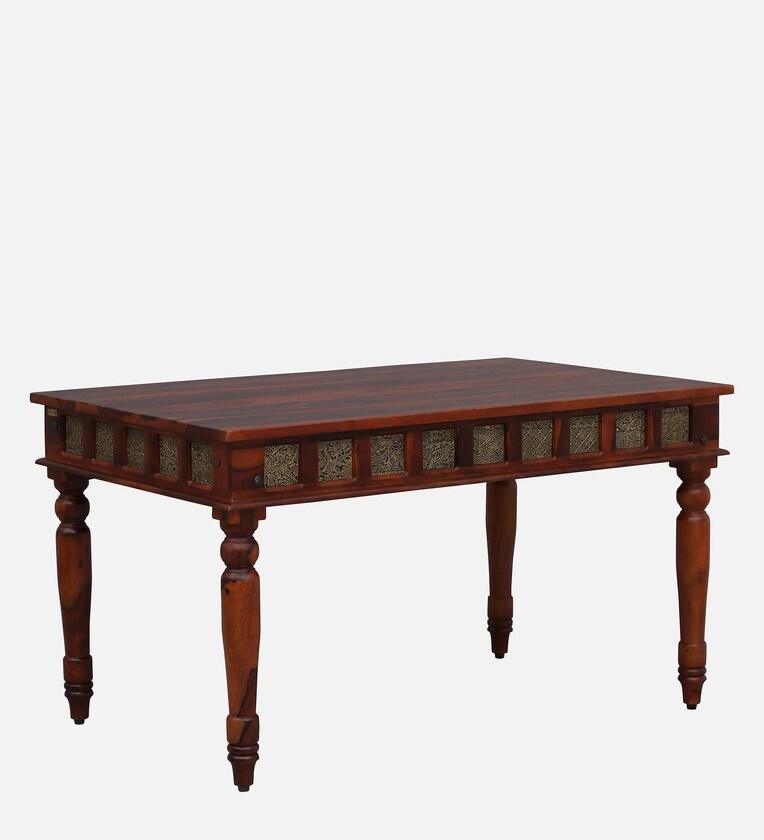 Sheesham Wood 6 Seater Dining Set In Scratch Resistant Honey Oak Finish With Brass Cladding - Ouch Cart