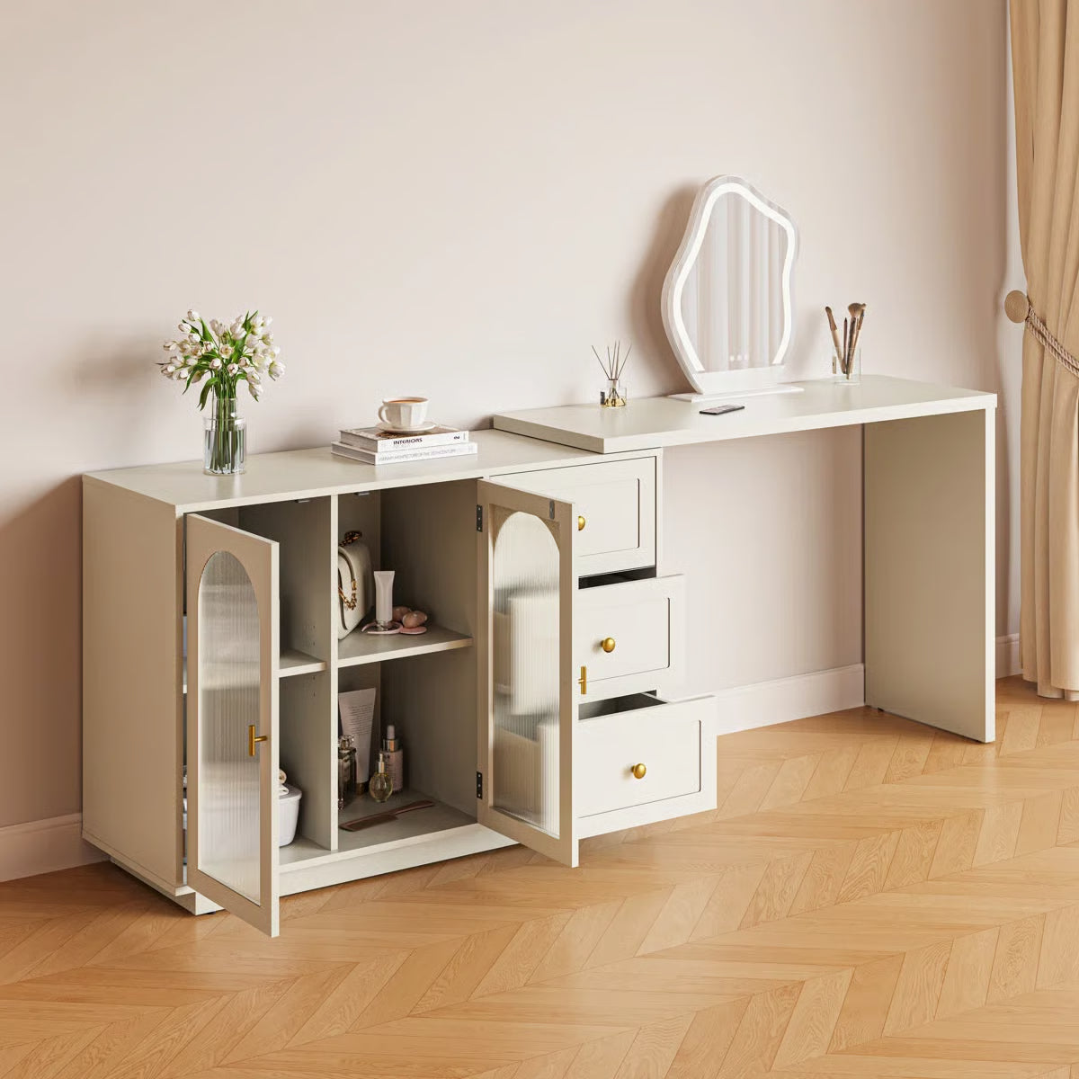 Extendable Makeup Vanity – Yokota Desk with 3 Drawers & 2 Acrylic Doors for Bedroom- OUCH CART | Dressing table