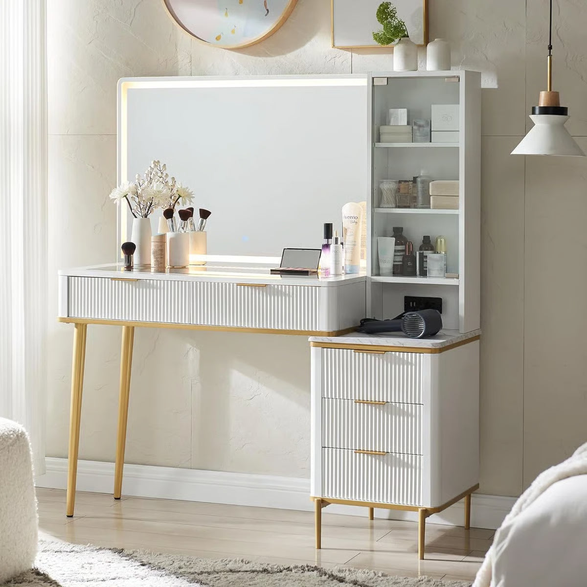 Large 48" Zadia Makeup Vanity Desk with 36" Lighted Mirror, 4 Drawers, 3-Color LED Lights, and Charging Station- OUCH CART | Dressing table