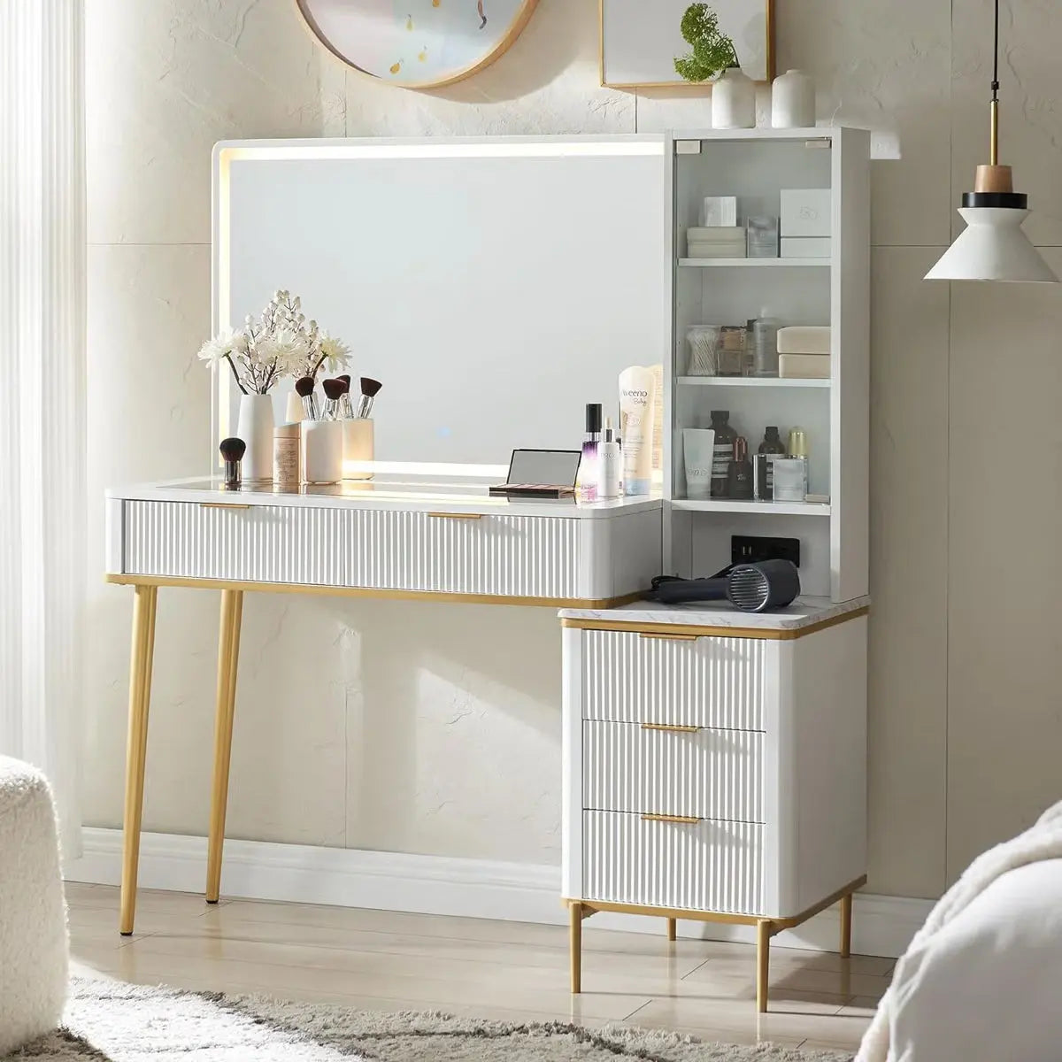 Large 48" Zadia Makeup Vanity Desk with 36" Lighted Mirror, 4 Drawers, 3-Color LED Lights, and Charging Station- OUCH CART | Dressing table