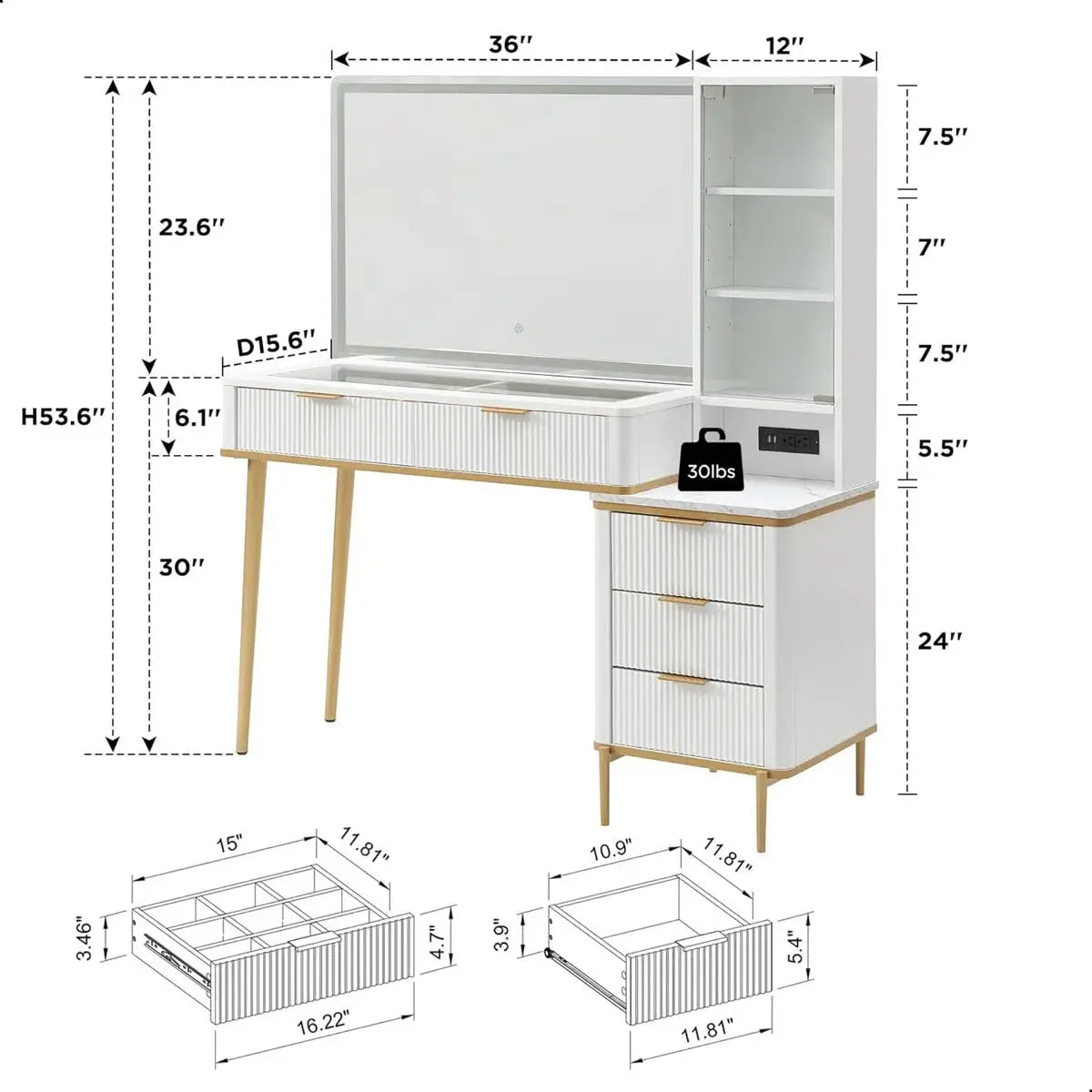 Large 48" Zadia Makeup Vanity Desk with 36" Mirror, 4 Drawers.