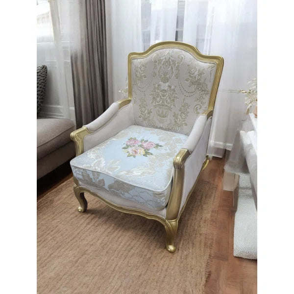 Luxury Beige Upholstered Armchair with Solid Wood Frame & Gold Finish