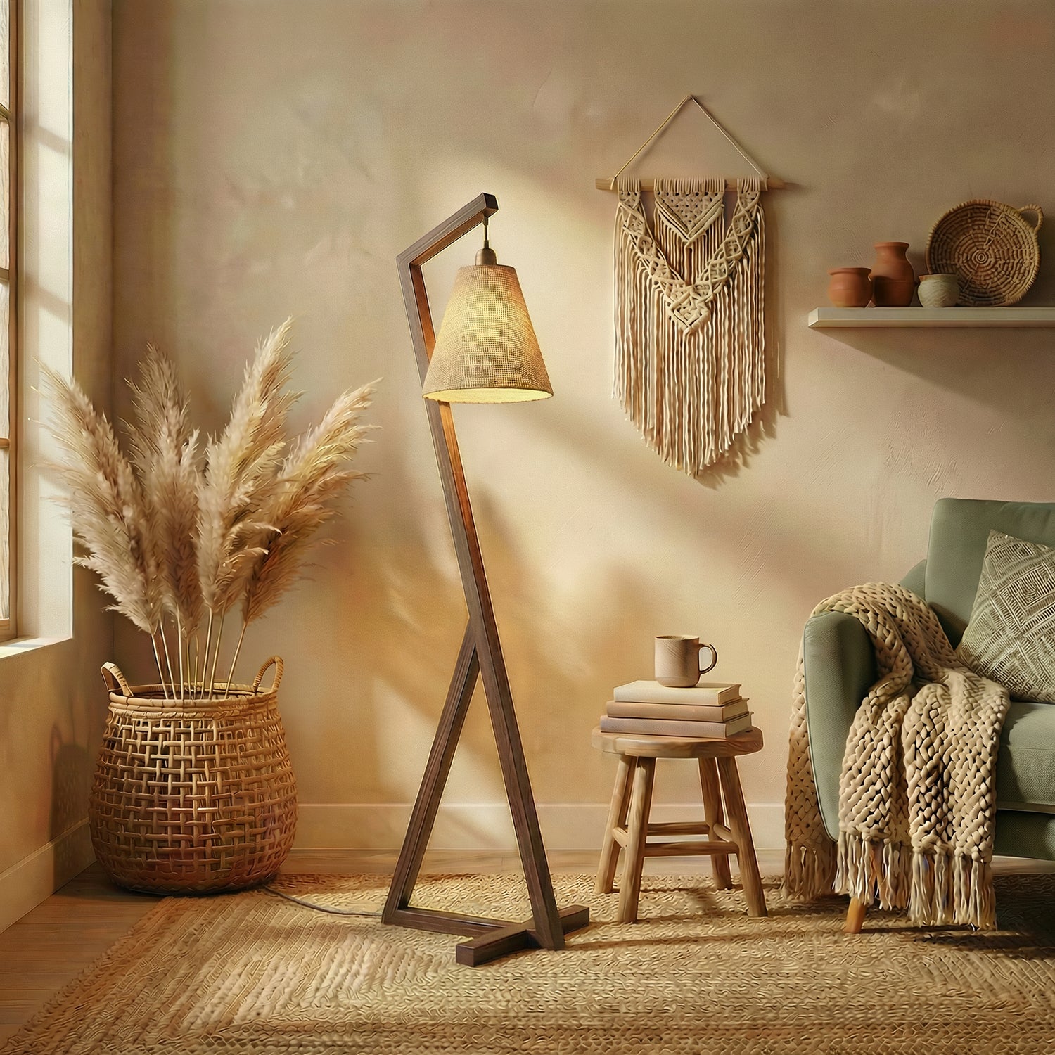 Zed Wooden Floor Lamp with Brown Base and Beige Fabric Lampshade (BULB NOT INCLUDED)