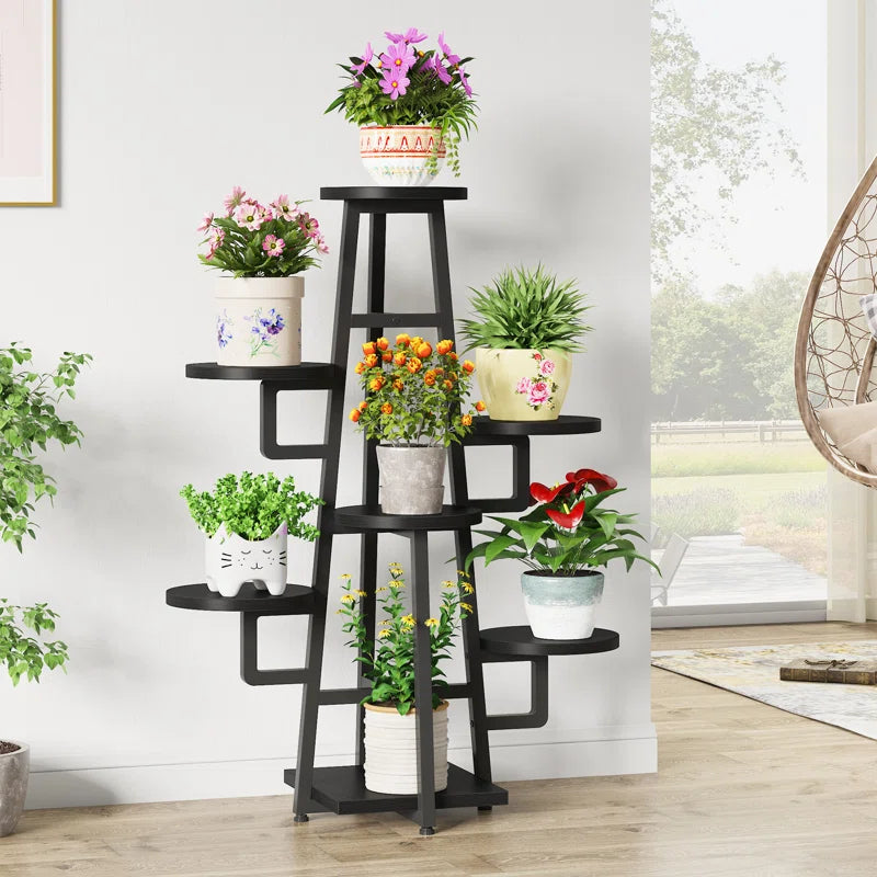 7-Tier Industrial Metal & Wood Corner Plant Stand
