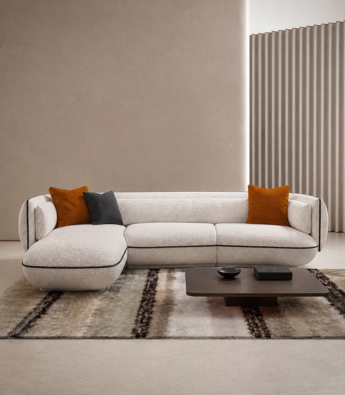 Ouch Cart Modern Curved Bouclé Sectional Sofa | Luxury Cream Upholstered Living Room Couch with Contemporary Design OUCH CART