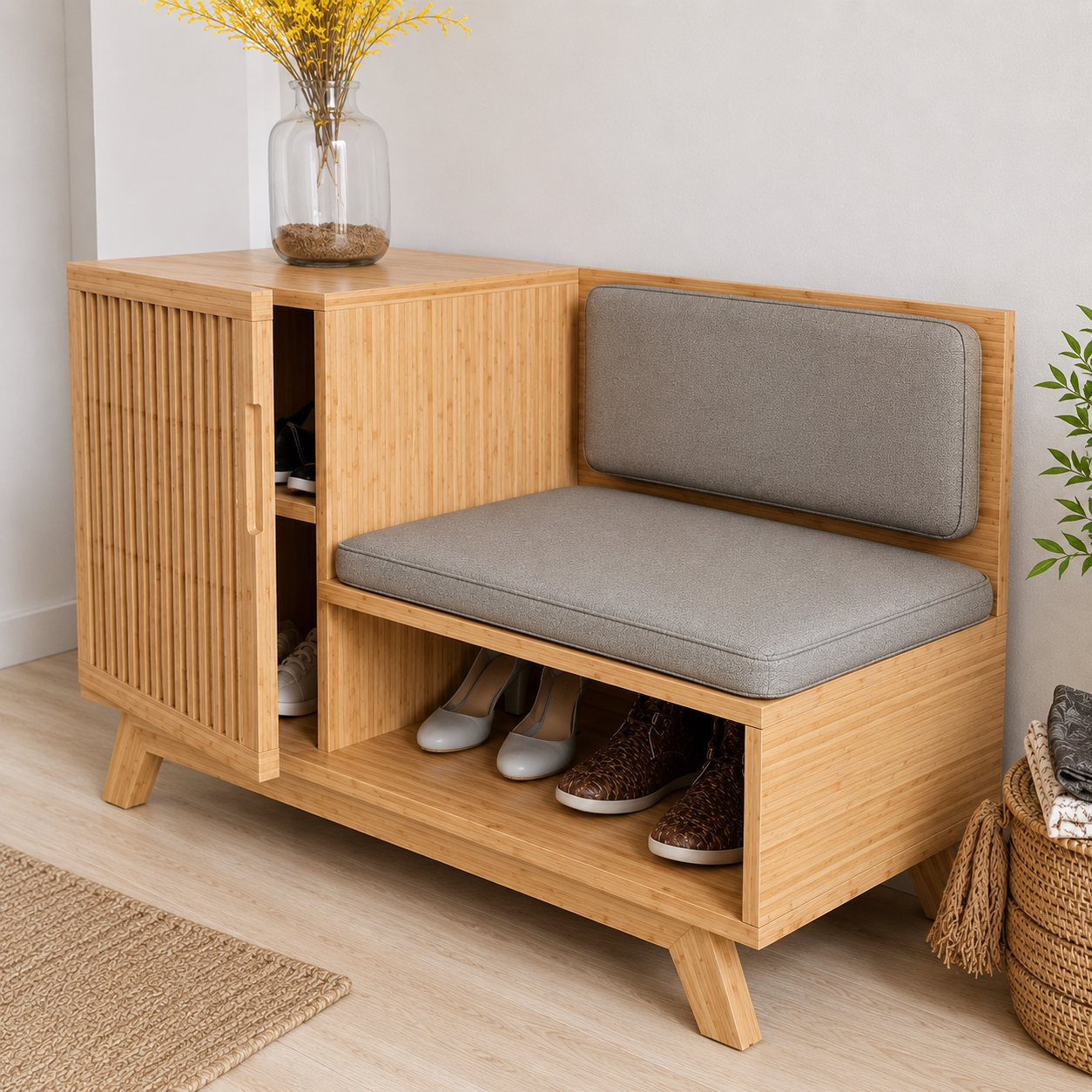 Modern Bamboo Shoe Storage Bench with Sliding Door | Entryway Shoe Organizer Cabinet with Cushioned Seat OUCH CART