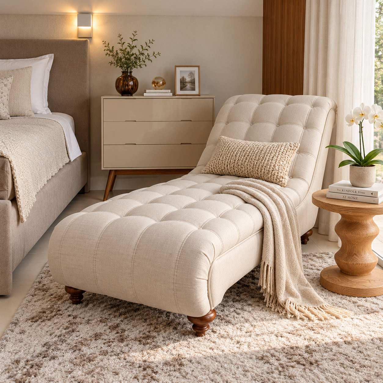 Luxury Tufted Chaise Lounge | Cream Upholstered Bedroom Relaxation Sofa with Button Detailing